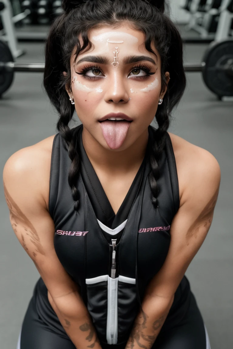 Indian gym girl posing for a photo in gym clothes , 26 years old, 8k, high quality,Super detail,detalle de masterpiece ojos marrones,beautiful face((parts:0.4),very detailed skin:1.4),detailed lips, Whole body, negro,medium jet negro hair, smile like a heavenly angel, (light smile:0.2), textured body, cutest belly , medium soft and firm, perfect round ass,small nails,her lips are like beautiful rose flowers , Alone,Model ,shadow, blush,in love, Detailed natural skin texture, seductive look, detailed lighting, shallow depth of field, DR, (masterpiece:1.2),(CGI art:1.3),(realist:1.5),(post processing:1.3),(sharp focus:1.3),8k, ((gym clothes)), ((view from above)),(detailed face:1.2), (detalle de shadows altas:1.2) ,(illustration:1.2), ((HdR)), Gym clothes，very beautiful female figure，，pure desire，gym background，rose，
