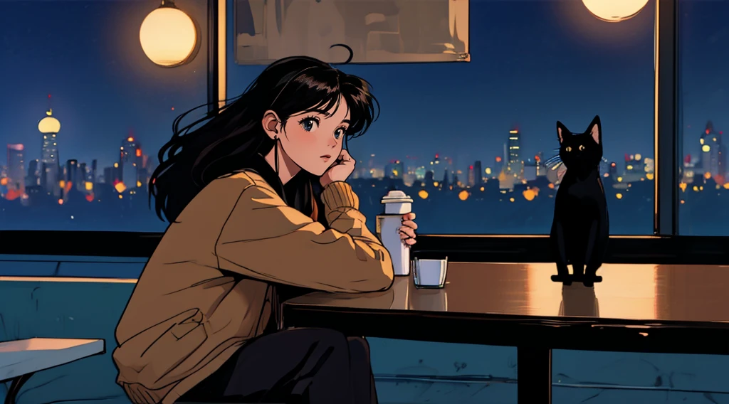 Highest quality, 8k, 1990s style,Hairstyles of the 2010s, 21 year old girl, Black Hair, Long Hair, Light brown eyes, City Pop, pants ,Night view, Wear headphones, whole body, Relax Coffee,table,making,look at me, Black cat