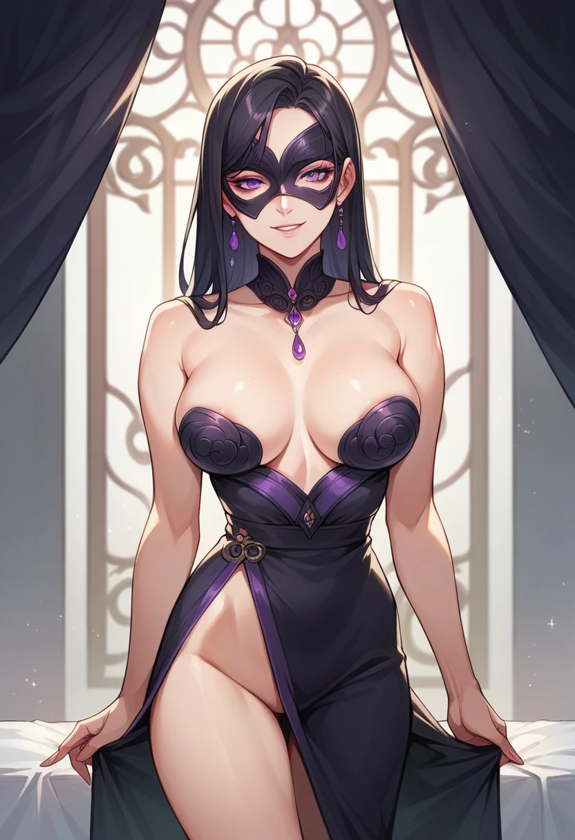 long black hair woman, perfect body, purple eyes, adult, sexy, wearing masquerade mask, manhwa, standing seductive, taking clothed off, sexy pose, nude, in elegant noble bed chambers, undressing, exposing breasts, seductive smile
