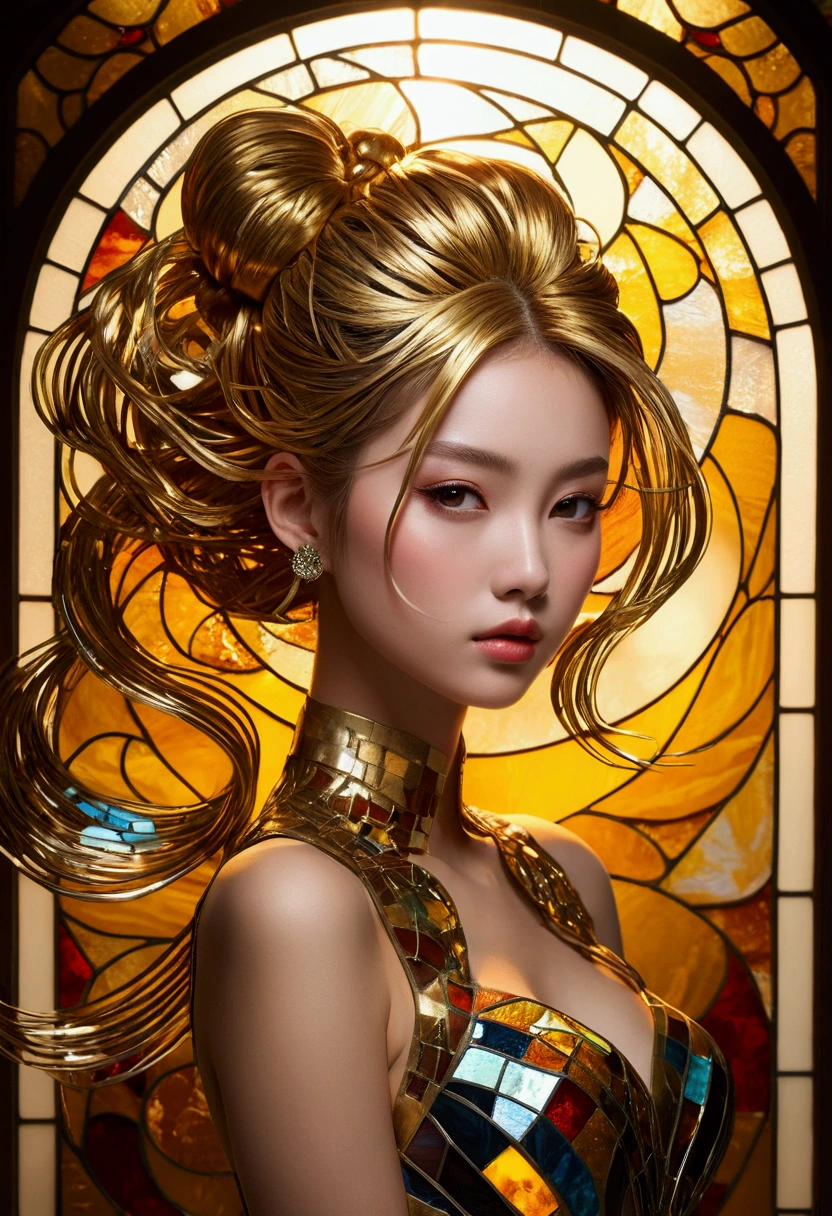 (masterpiece, Highest quality, Highest quality,Official Art, beautifully、Super Gold Hairstyle、aesthetic:1.2),(One girl:1.3), One girl BREAK stained glass art, Colored Glass, Lead wire, Light transmission BREAK Vivid colors, Intricate Design, Glowing effect, Spiritual atmosphere、Background abstract Japanese style,strip dance