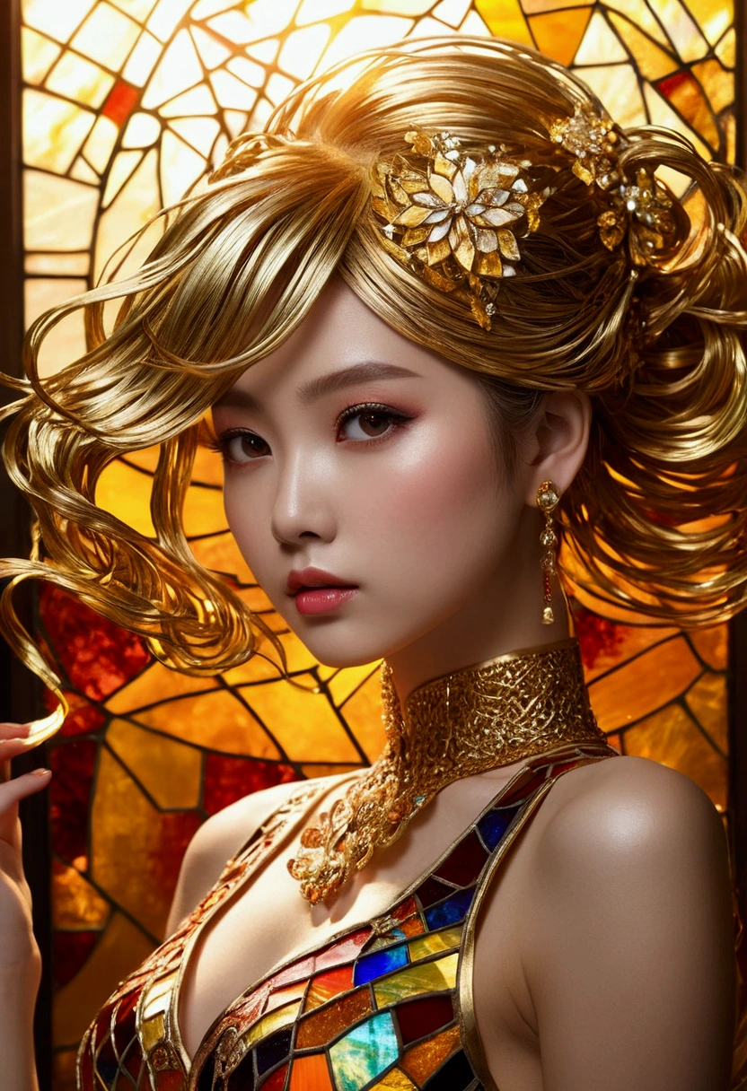 (masterpiece, Highest quality, Highest quality,Official Art, beautifully、Super Gold Hairstyle、aesthetic:1.2),(One girl:1.3), One girl BREAK stained glass art, Colored Glass, Lead wire, Light transmission BREAK Vivid colors, Intricate Design, Glowing effect, Spiritual atmosphere、Background abstract Japanese style,strip dance