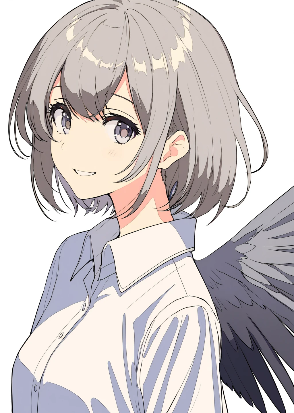 masterpiece,Highest quality,One girl, 一人in, upper_body, smile, gray_eye, Ahoge, 前hair, short_hair, Eyebrow_appear_Through_hair, wing_collar, white_shirt, Looking_in_Audience, Simple_background, white_background