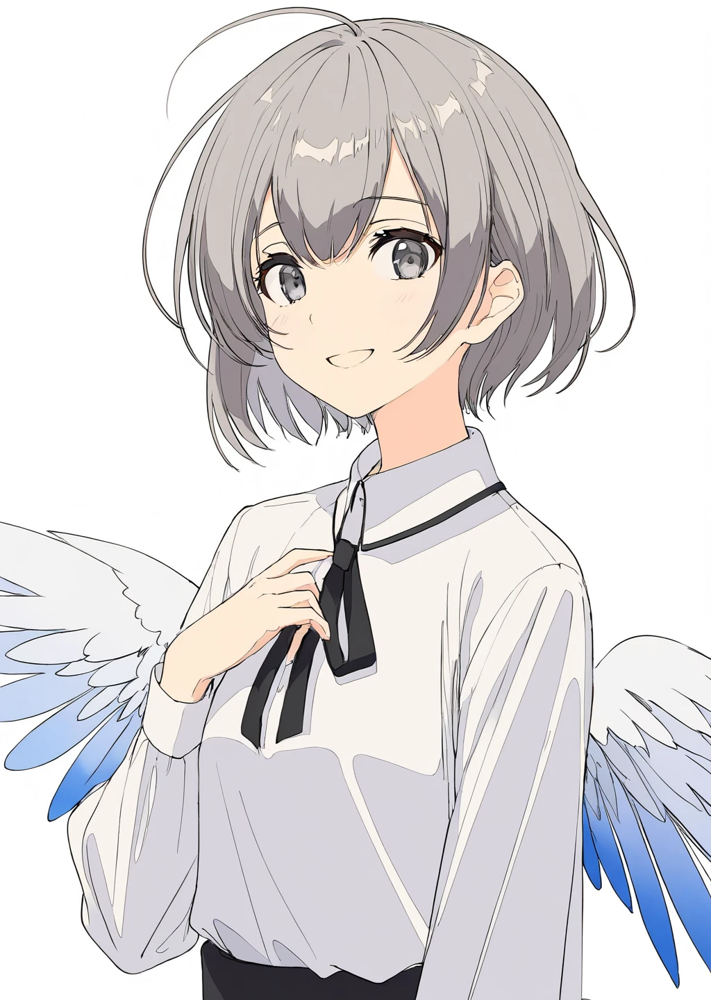 masterpiece,Highest quality,One girl, 一人in, upper_body, smile, gray_eye, Ahoge, 前hair, short_hair, Eyebrow_appear_Through_hair, wing_collar, white_shirt, Looking_in_Audience, Simple_background, white_background