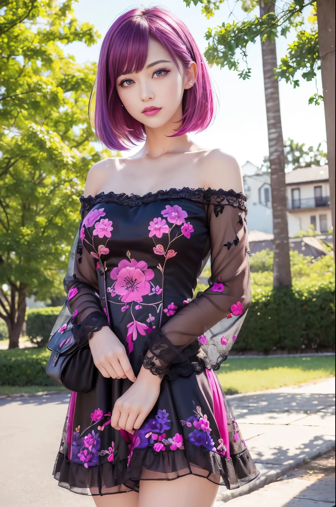 (masterpiece:1.4), (best quality:1.4), ultra high res, ultra high resolution, ((detailed facial features)), HDR, (realistic, photorealistic, photo-realistic:1.37), full body Esbian, y Swedish model, (-anime), only 1 model, vivid colors, ((vivid colors multicolor (fuchsia, pink, light blue, purple) very short hair)), (happy smile), lip-gloss, long lashes, defined eyebrows, wearing a red silk Paradise Kiss cosplay dress with black floral embroidery, ((vivid colors outfit)), vivid colors, look at the camera, cinematic light, large park background with trees, sweet and sexose