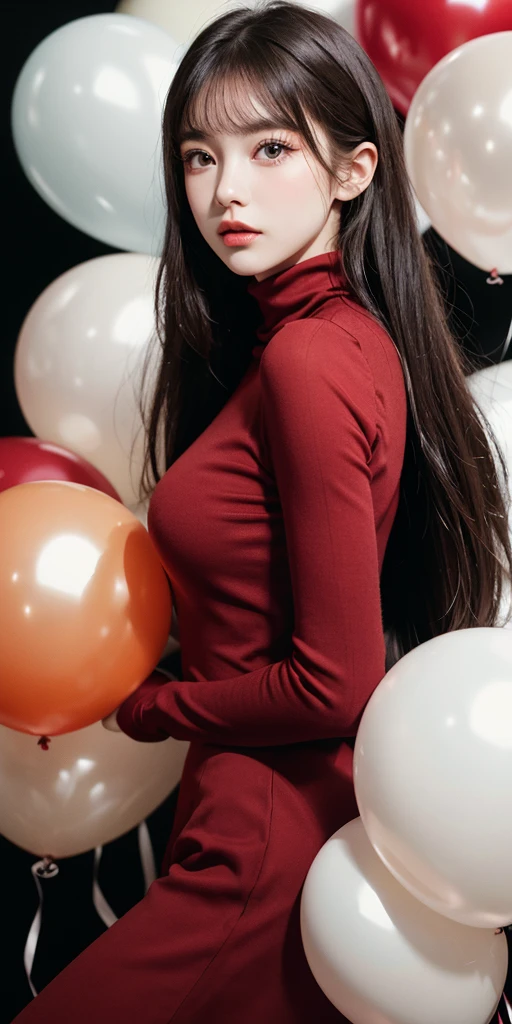 masterpiece, best quality, highly detailed background, perfect lightingbest quality,fashion portrait photo of beautiful young woman from the 60s wearing a red turtleneck standing in the middle of a ton of white balloons, taken on a hasselblad medium format camera