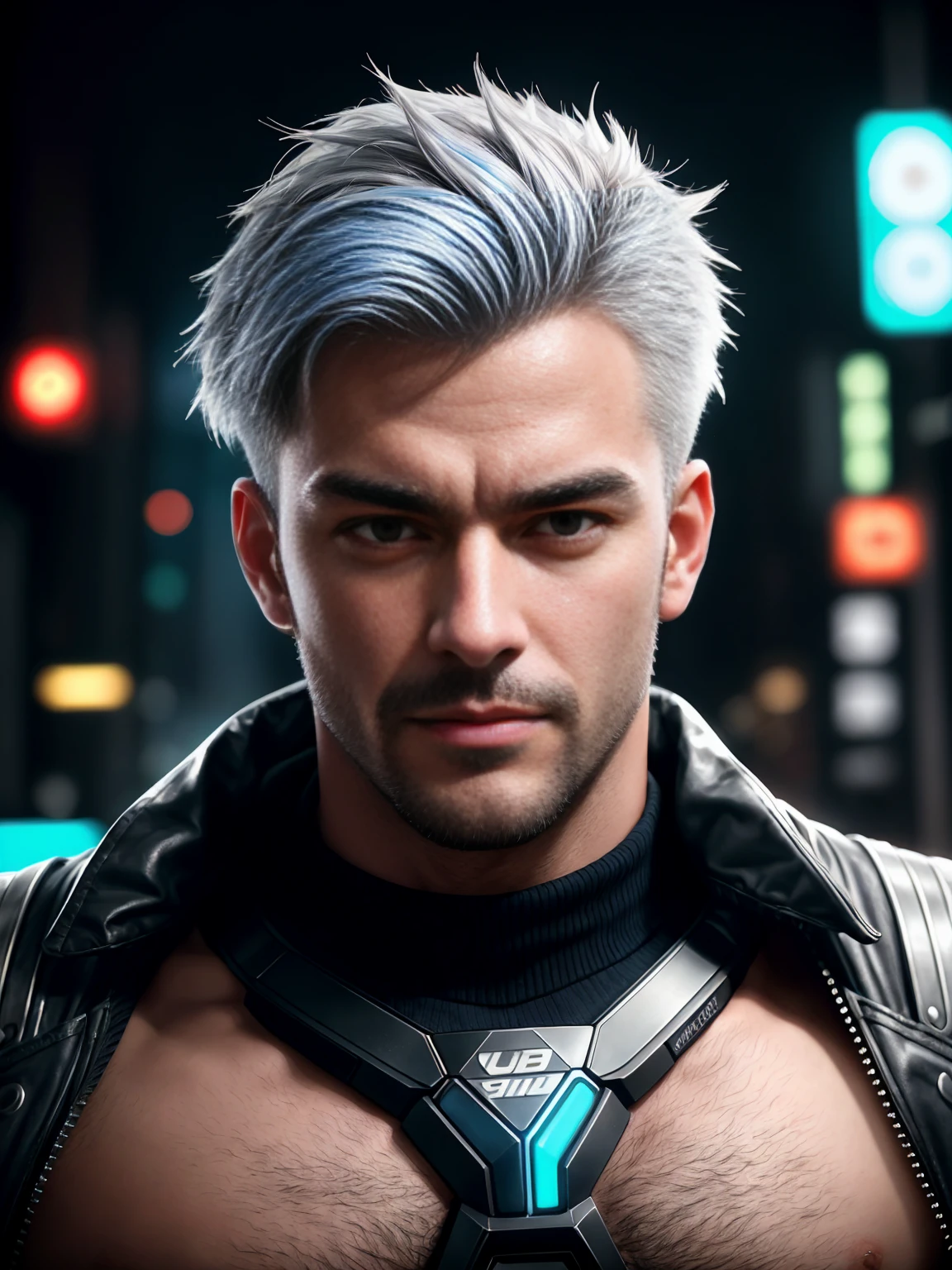 masterpiece, best quality, high resolution, closeup portrait, male focus, solo focus, muscular, burly, hairy, male, (no shirt: 1.2), A handsome man, white and blue gradient hair, in a cyberpunk city, neon lights, blurred background, scruffy face, arrogant smirk, amazing composition, front view, HDR, volumetric lighting, ultra quality, elegant, highly detailed