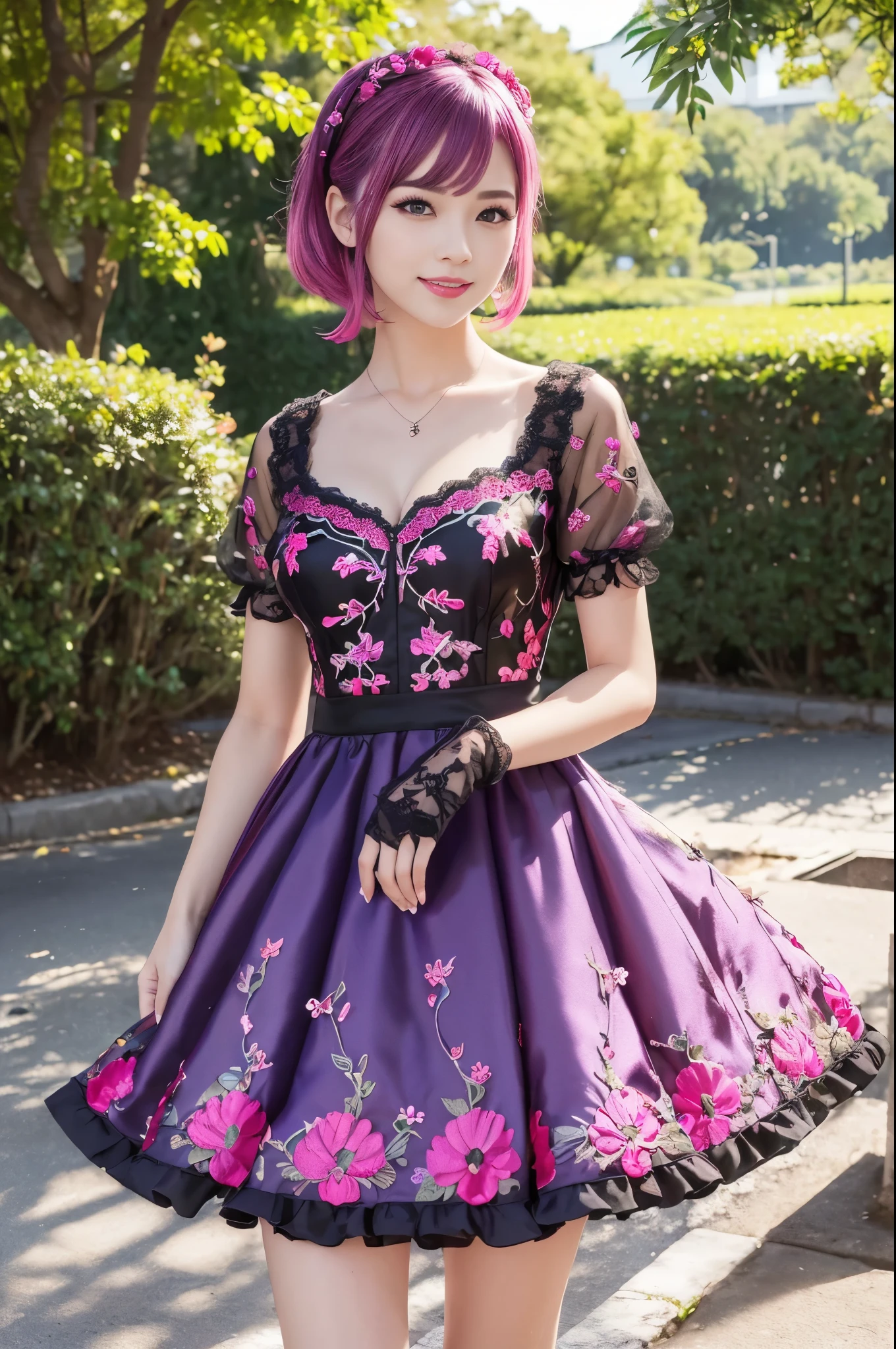 (masterpiece:1.4), (best quality:1.4), ultra high res, ultra high resolution, ((detailed facial features)), HDR, (realistic, photorealistic, photo-realistic:1.37), full body Esbian, sexy Swedish model, (-anime), only 1 model, vivid colors, ((vivid colors multicolor (fuchsia, pink, light blue, purple) very short hair)), (happy smile), lip-gloss, long lashes, defined eyebrows, wearing a red silk Paradise Kiss cosplay dress with black floral embroidery, ((vivid colors outfit)), vivid colors, look at the camera, cinematic light, large park background with trees, sweet and sexy pose