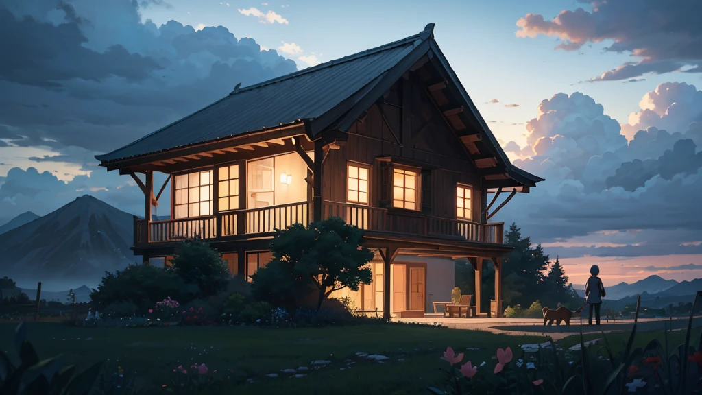 There is a small house on the mountain in the distance, With garden, play with the dog in the garden, anime style cloud background, 8 K, details, transparent. night, window with dark lighting
