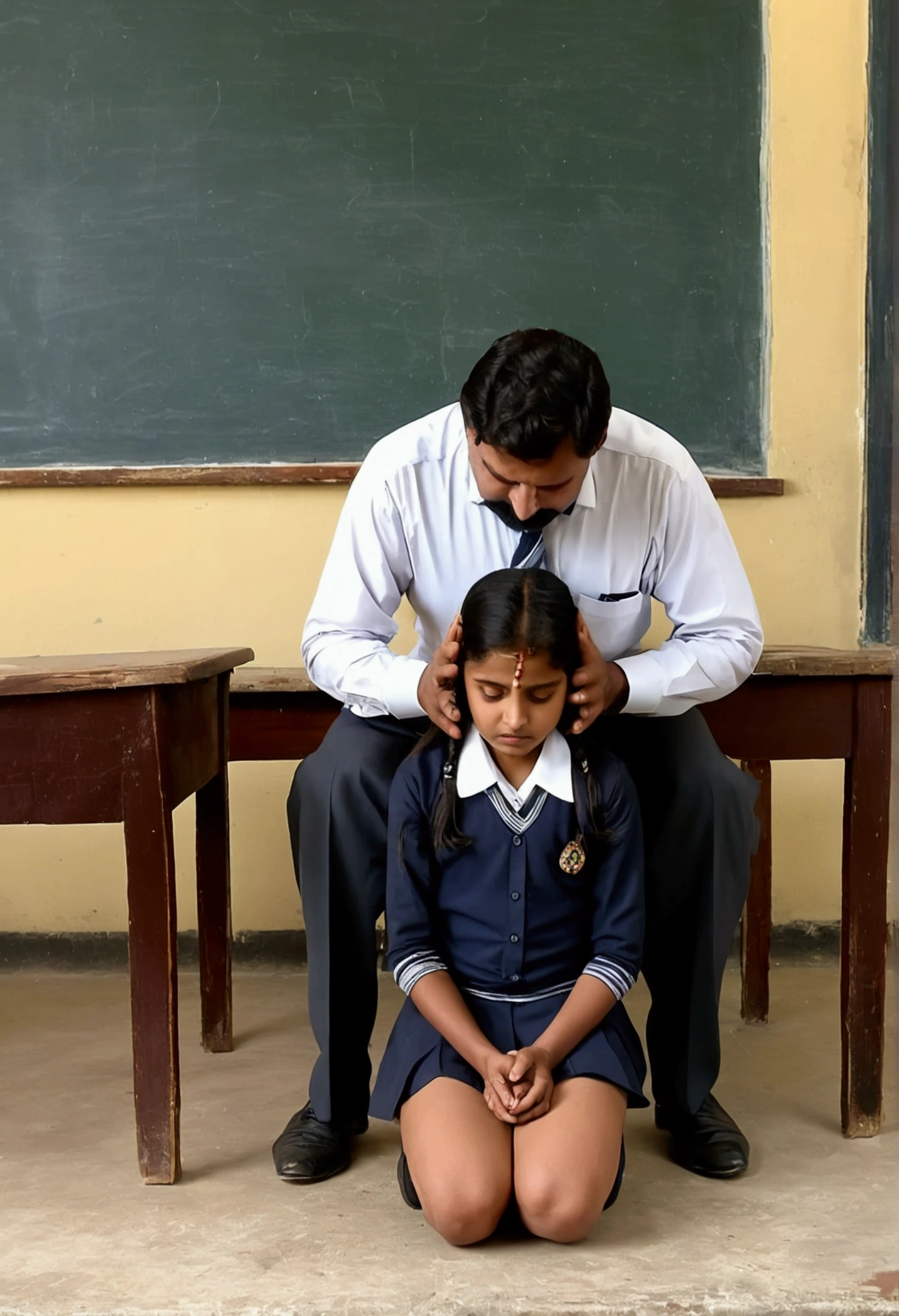 Indian school girl is punished to kneel down on beans by teacher. Her knees are in so much pain.