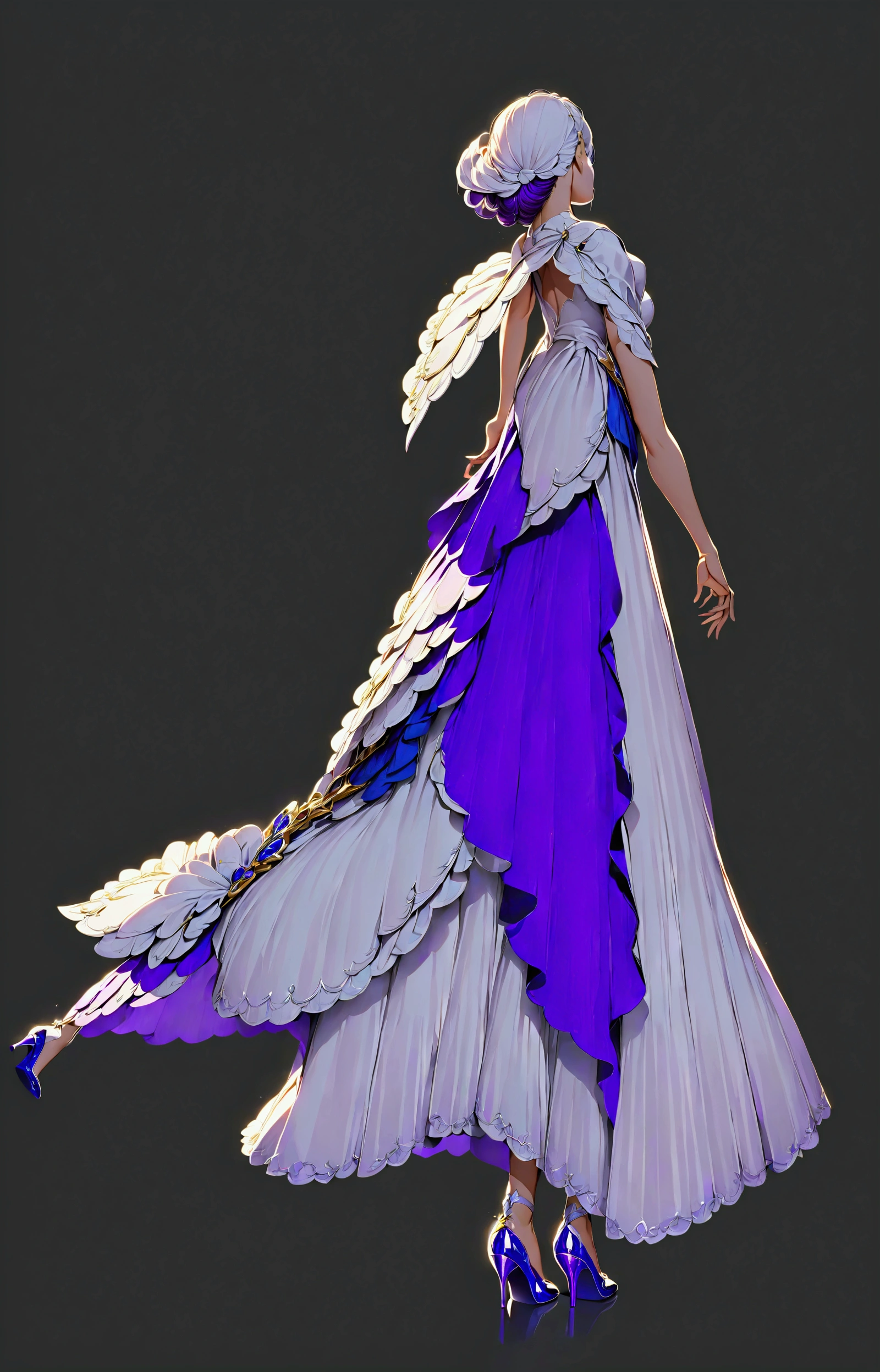 She is wearing a dress, A long white skirt,The middle is a blue-purple skirt,White skirt on both sides, And blue and purple shiny high heels, detailed