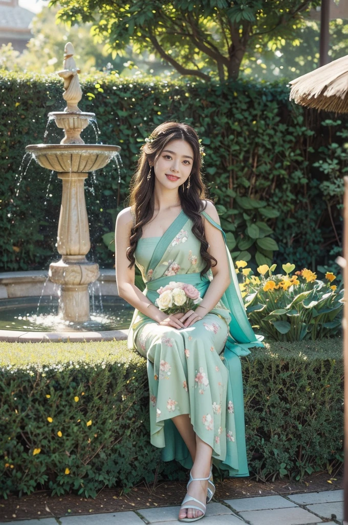 "(((best quality))), (((ultra detailed))), (((masterpiece))), illustration,summer day,a stunning young girl, garden, vibrant colors, flowers,shoulder length wavy green hair, deep brown eyes, flowing pink dress, blue sash, sandals, carefree, bouquet of flowers, radiant smile, sun's rays, glowing skin, ancient Greek statues, hedges, manicured grass, water fountain, soothing atmosphere, magical scene, beautiful landscape