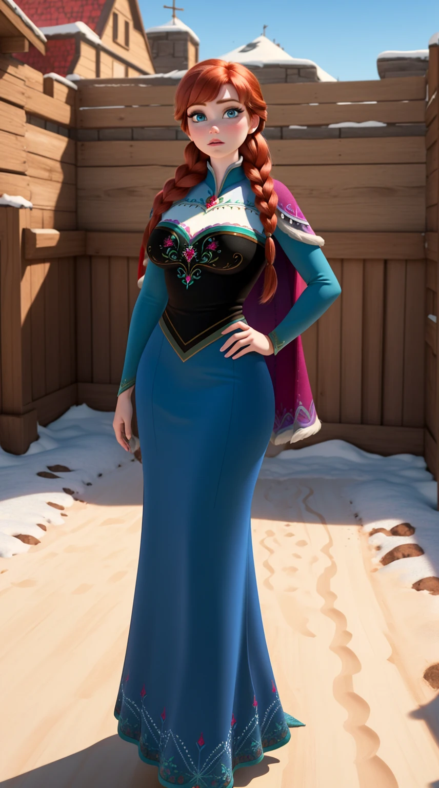 ,30 years old Anna from Frozen, woman, ((Masterpiece, best quality)), full body view, wide hips, bursting huge breasts, detailed skin, Anna from Frozen, highly detailed, cinematic lighting, ultra realistic, blush, looking at viewer, Anna, Anna from movie Frozen, red hair, blue eyes, huge breasts, tall body, long sexy legs, perfect body.