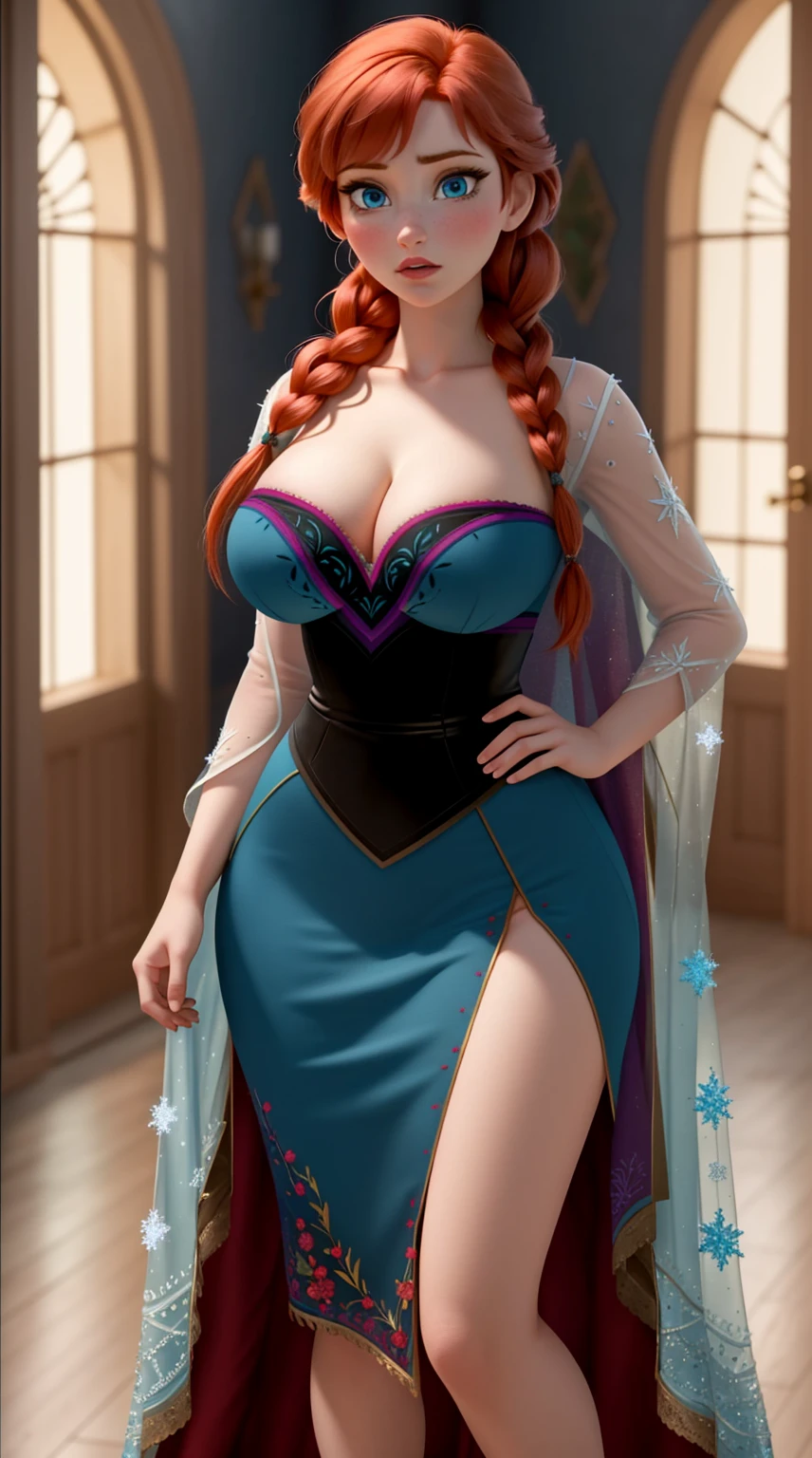 ,30 years old Anna from Frozen, woman, ((Masterpiece, best quality)), full body view, wide hips, bursting huge breasts, detailed skin, Anna from Frozen, highly detailed, cinematic lighting, ultra realistic, blush, looking at viewer, Anna, Anna from movie Frozen, red hair, blue eyes, huge breasts, tall body, long sexy legs, perfect body.