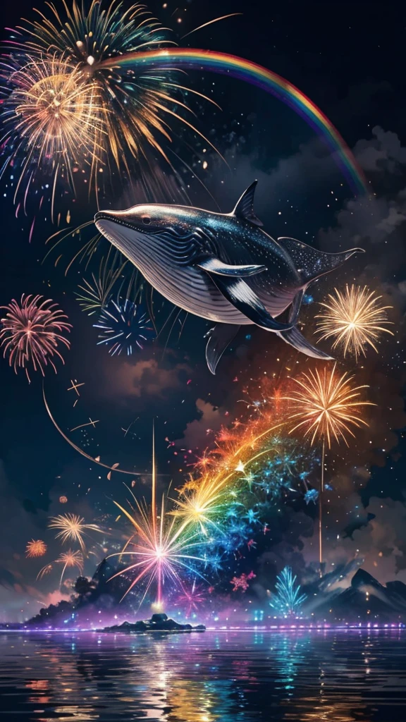 fish、whale、Whales、whaleたちに囲まれて、Mysterious Landscape、firework、firework大会、Rainbow colorsのfireworkが打ちあがっている瞬間、夜nullとともに、幻想的な海景色で壮大なfirework、future都市、Highest quality、masterpiece, (Diffuse reflection of light:1.2), When the fantastic rainbow turns into shadow, bathed in a mystical atmosphere.whaleたちも見ています, Cast magic spells. evoke a sense of wonder and awe. A fusion of natural grandeur and magic, Weaving dreams into reality. Behold, null, And the unknown, Fleeting、And an eternal moment, 16K, Ultra-high resolution.Realistic, Ultra-high resolution, to be born,future、Rainbow colorsに光り輝く、Rainbow colors、The world 30 years from now。