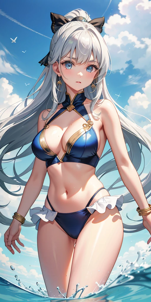 High resolution, masterpiece, Accurate, Highest quality, number々Awards for, High resolutionモデル,
Heavy bangs, Silver Hair, Wet Hair, Half Up, Dumpling, Super long hair, ponytail,
thin、White skin, Ice blue eyes butterfly hair accessory, Crystal Earrings,Gold anklet swimsuit, Bikini with ruffles,
whole body, Character portrait