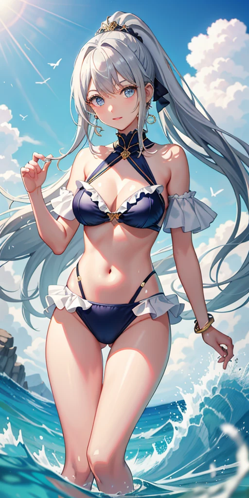 High resolution, masterpiece, Accurate, Highest quality, number々Awards for, High resolutionモデル, 
Heavy bangs, Silver Hair, Wet Hair, Half Up, Dumpling,  Super long hair, ponytail, 
thin、White skin, Ice blue eyes butterfly hair accessory, Crystal Earrings,Gold anklet swimsuit, Bikini with ruffles,
whole body, Character portrait