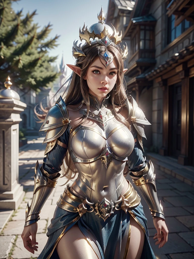 Realistic image cinematic shadows. in the courtyard. of the kingdom. There is Elven Woman Queen, with Crown, Illuminated Face, Hips, Toned, Large Round Breasts, ((spruce neckline in a silver armor, gold ornaments)) reflecting the sunlight.