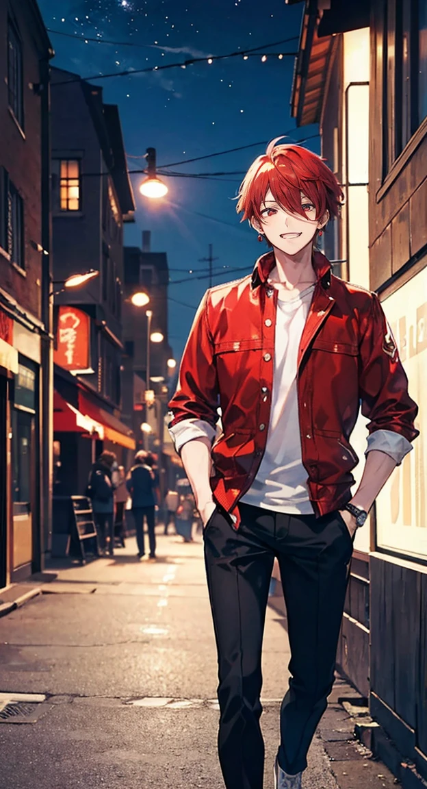 High resolution, High resolution,2D Anime Style,,Cool guy,,,30th Generation,short hair,Silver-red hair,Red eyes,Beautiful Watches,Beautiful earrings,,Cool Fashion,He is laughing a little,night,walk,Put your hands in your pockets,Dandy、Uncle Ike、Muscular、Rugged