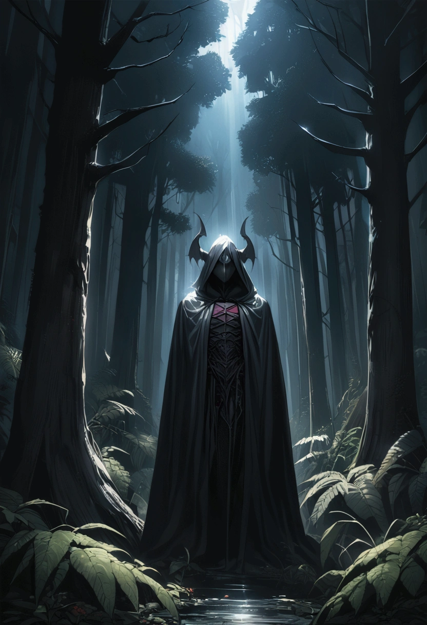 a demon wrapped in a black cloak of darkness in the middle of the forest 