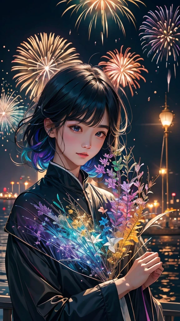 fish、whale、Whales、whaleたちに囲まれて、Mysterious Landscape、firework、firework大会、Rainbow colorsのfireworkが打ちあがっている瞬間、夜nullとともに、幻想的な海景色で壮大なfirework、future都市、Highest quality、masterpiece, (Diffuse reflection of light:1.2), When the fantastic rainbow turns into shadow, bathed in a mystical atmosphere.whaleたちも見ています, Cast magic spells. evoke a sense of wonder and awe. A fusion of natural grandeur and magic, Weaving dreams into reality. Behold, null, And the unknown, Fleeting、And an eternal moment, 16K, Ultra-high resolution.Realistic, Ultra-high resolution, to be born,future、Rainbow colorsに光り輝く、Rainbow colors、The world 30 years from now。