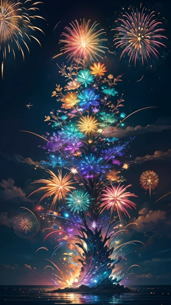 fish、whale、Whales、whaleたちに囲まれて、Mysterious Landscape、firework、firework大会、Rainbow colorsのfireworkが打ちあがっている瞬間、夜nullとともに、幻想的な海景色で壮大なfirework、future都市、Highest quality、masterpiece, (Diffuse reflection of light:1.2), When the fantastic rainbow turns into shadow, bathed in a mystical atmosphere.whaleたちも見ています, Cast magic spells. evoke a sense of wonder and awe. A fusion of natural grandeur and magic, Weaving dreams into reality. Behold, null, And the unknown, Fleeting、And an eternal moment, 16K, Ultra-high resolution.Realistic, Ultra-high resolution, to be born,future、Rainbow colorsに光り輝く、Rainbow colors、The world 30 years from now。