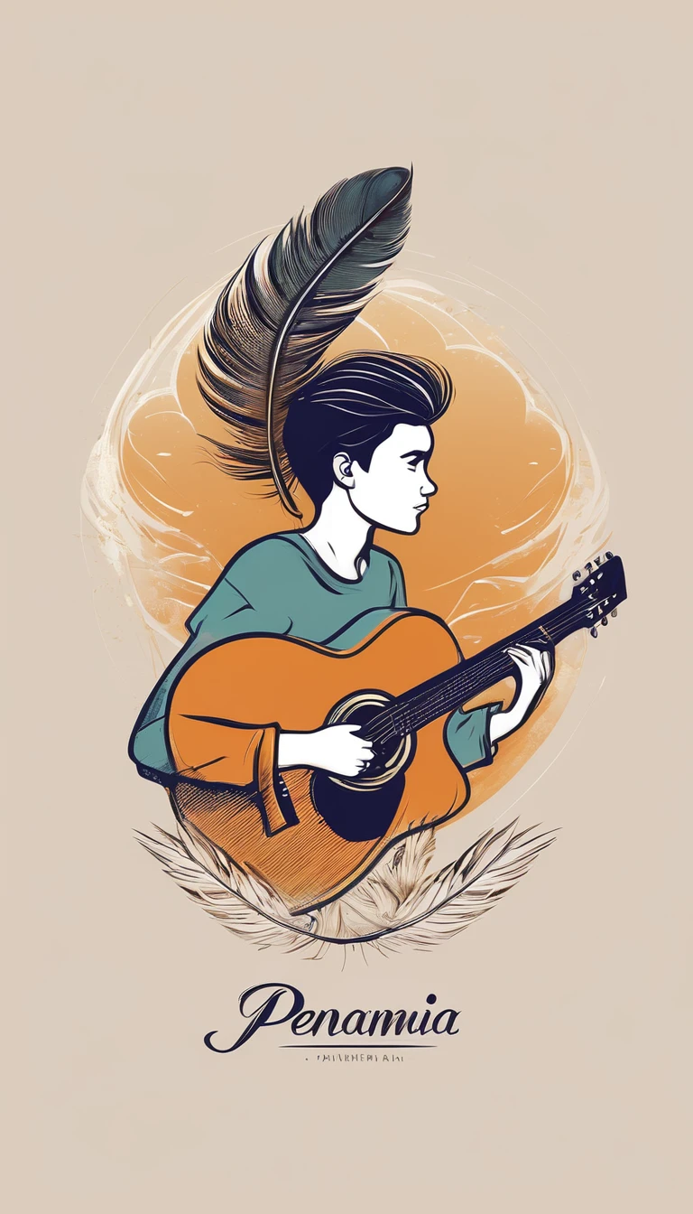 Create a minimal, modern, simple, inspirational, memorable, dream like logo design of a boy playing acoustic guitar to a feather for the brand “Penamemoria". The logo design must convey a sense of storytelling, cinematic storytelling, stories and dreams. Logo design impressed on a book cover