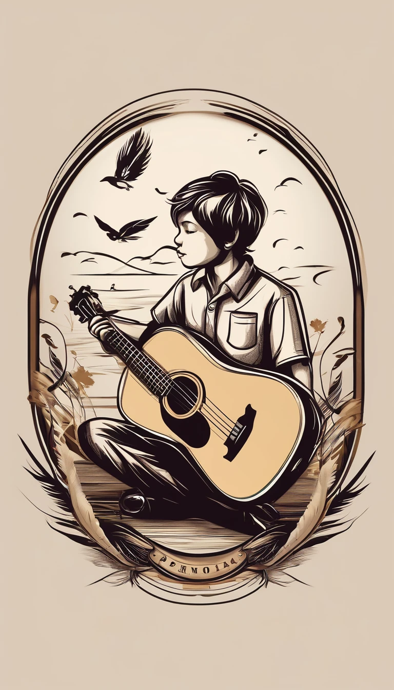Create a minimal, modern, simple, inspirational, memorable, dream like logo design of a boy playing acoustic guitar to a feather for the brand “Penamemoria". The logo design must convey a sense of storytelling, cinematic storytelling, stories and dreams. Logo design impressed on a book cover