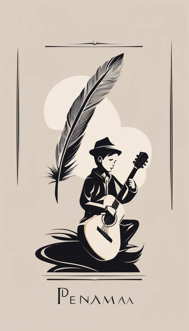 Create a minimal, modern, simple, inspirational, memorable, dream like logo design of a boy playing acoustic guitar to a feather for the brand “Penamemoria". The logo design must convey a sense of storytelling, cinematic storytelling, stories and dreams. Logo design impressed on a book cover