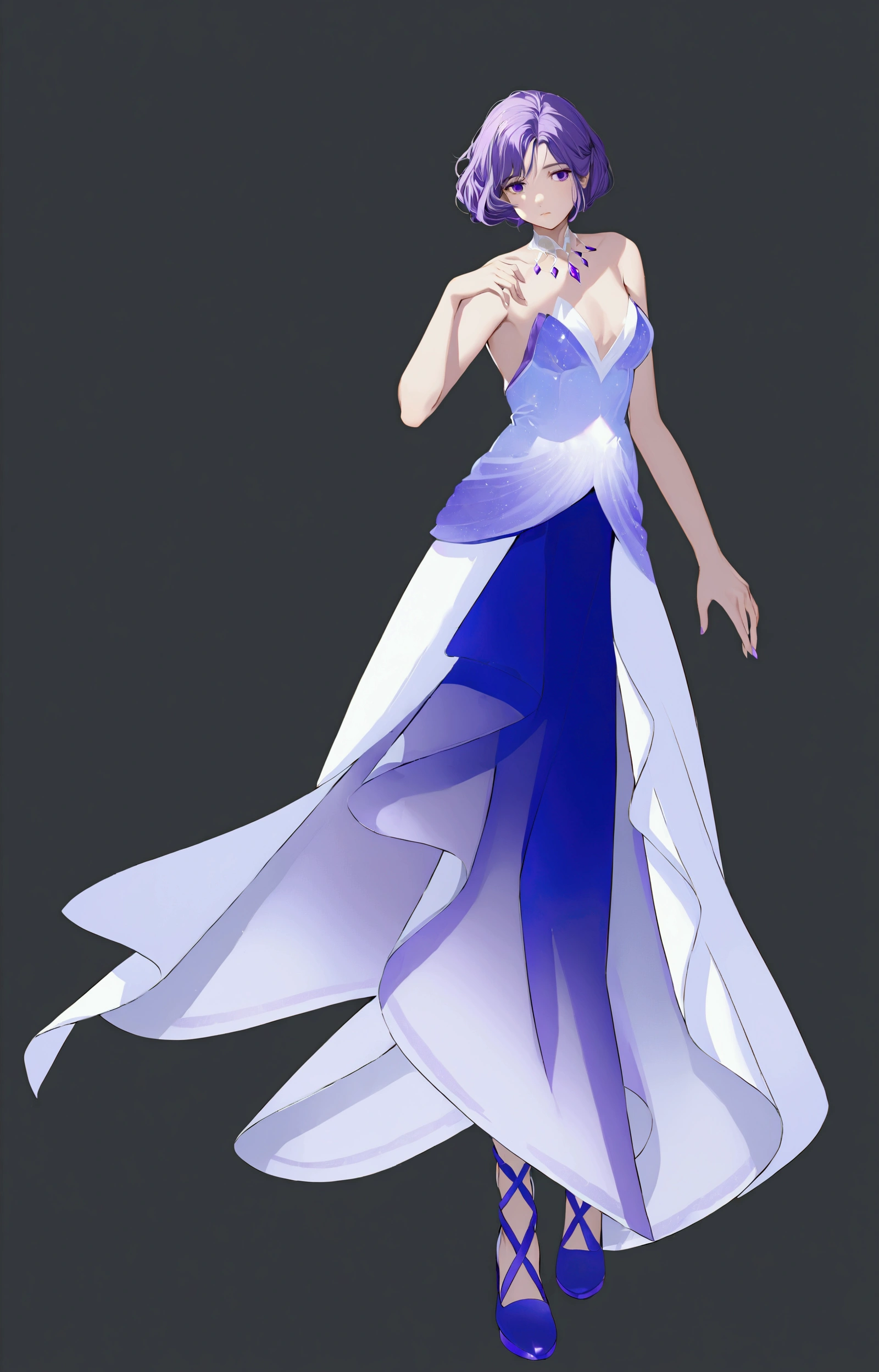 girl, 20 years old, , Serious yet gentle expression, She is wearing a dress, A long white skirt，The middle is a blue-purple skirt，White skirt on both sides, And blue and purple shiny high heels, detailed