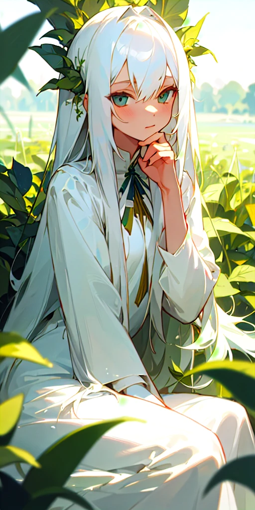 (masterpiece, best quality),1girl with long white hair sitting in a field of green plants and flowers, her hand under her chin, warm lighting, white dress, blurry foreground