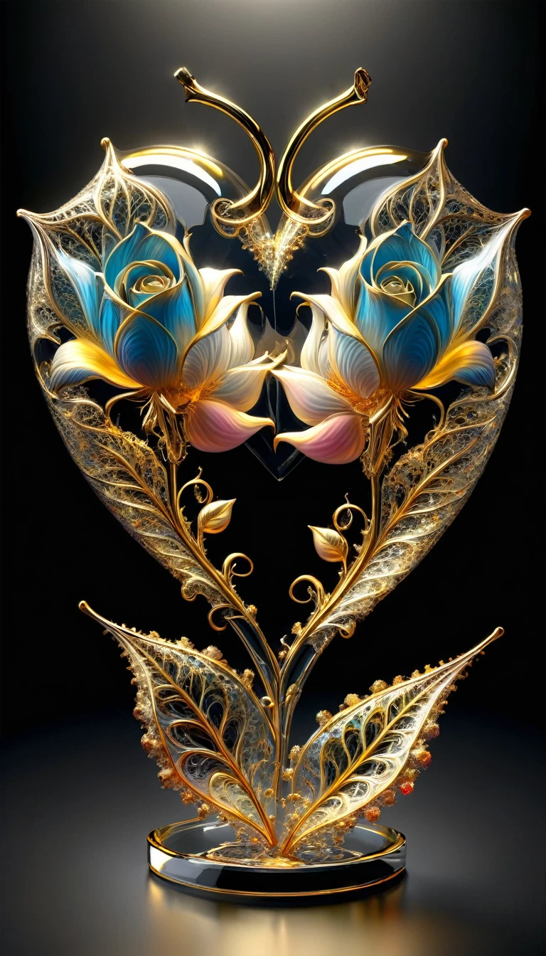 create the most breathtaking (32k masterpiece, best quality:1.2) photorealistic image, two rose hearts (with long intertwined stems) hollow glass poured with liquid gold from the stem, petals fractales qui se dissolvent dans l'air, fractal details, gradient black background, diffusion of reflected light, organic,bioluminescent, energy, Alive, spectacular, ethereal, volumetric light, sub-surface Scattering, jeu de transparence
