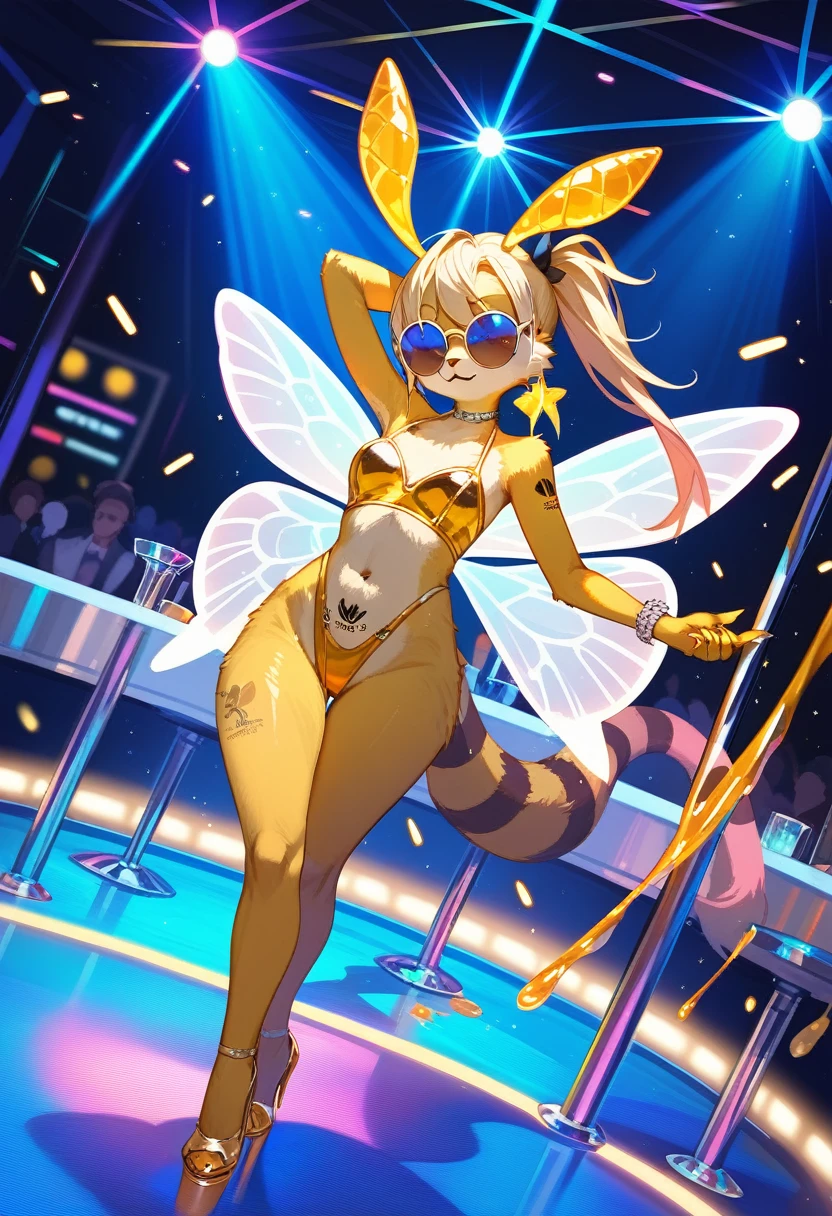 Highest quality, Highest quality, High quality illustrations, masterpiece, Ultra-high resolution, Detailed Background, club, Disco, Absurd, Perfect Anatomy, performance, Good lighting, Shadows in the movies(kemono, Furry Personifi猫ion), bee, honey colored, Yellow Color, Honey Latex, neon, neonカラー, cyber punk, 蜜beeの衣装, 蜜beeコスプレ, ラバーの蜜beeの尻尾, Bee Wings, enamel, sunglasses, Tattoo, first round, High heels, Dynamic Angle