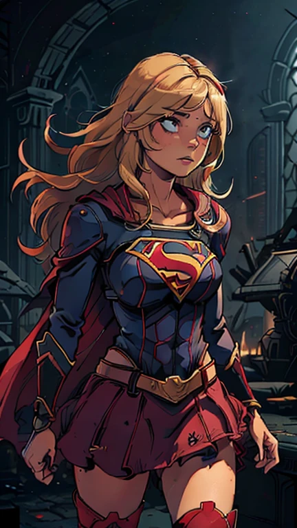 (Dominican: Caribbean:1girl: supergirl), (extremely detailed CG unit 8k wallpaper),(master part), (best quality), (ultra detali), (best illustration),(melhor ombre), cowboy shot, (Sharp eyeliner, ombre, detailedeyes:1), Gothic Castle background, ,break, long hair ,blonde hair, Cameltoe,gothichorrorai,red cape, blue shirt, belt, red skirt, knee boot