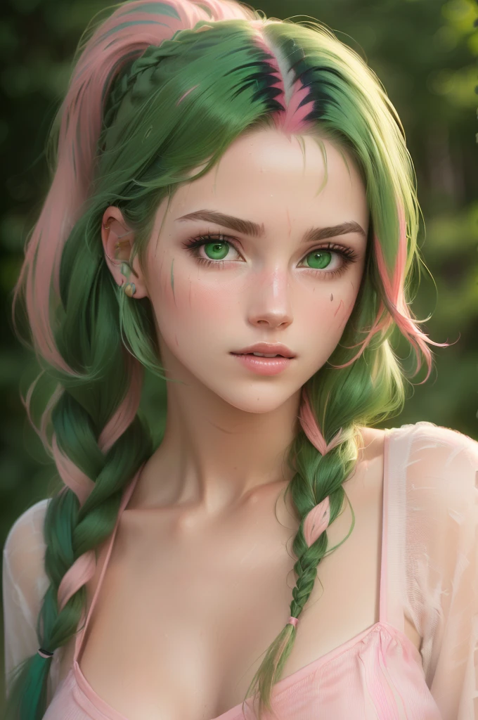 (Best quality, 8k, 32k, raw photo, Photorealistic, Photoreal, UHD:1.2), lifelike rendering, 1 young cute girl, (streaked Green and pink hair:1.4), very long hair, Dynamic hairslyte, (braids, ponytail) (green eyes:1.4), realistic portrait, (random pose), (dynamic angle)
