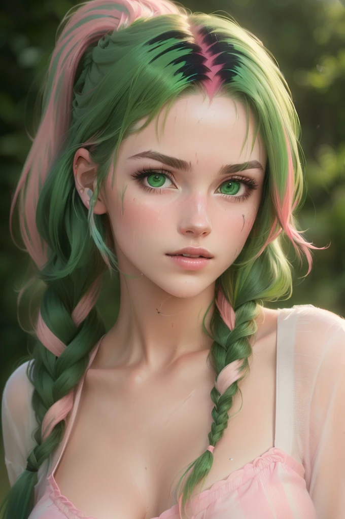  (Best quality, 8k, 32k, raw photo, Photorealistic, Photoreal, UHD:1.2), lifelike rendering, 1 young cute girl, (streaked Green and pink hair:1.4), very long hair, Dynamic hairslyte, (braids, ponytail) (green eyes:1.4), realistic portrait, (random pose), (dynamic angle)
