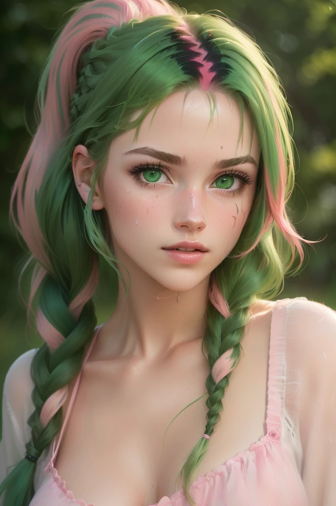  (Best quality, 8k, 32k, raw photo, Photorealistic, Photoreal, UHD:1.2), lifelike rendering, 1 young cute girl, (streaked Green and pink hair:1.4), very long hair, Dynamic hairslyte, (braids, ponytail) (green eyes:1.4), realistic portrait, (random pose), (dynamic angle)