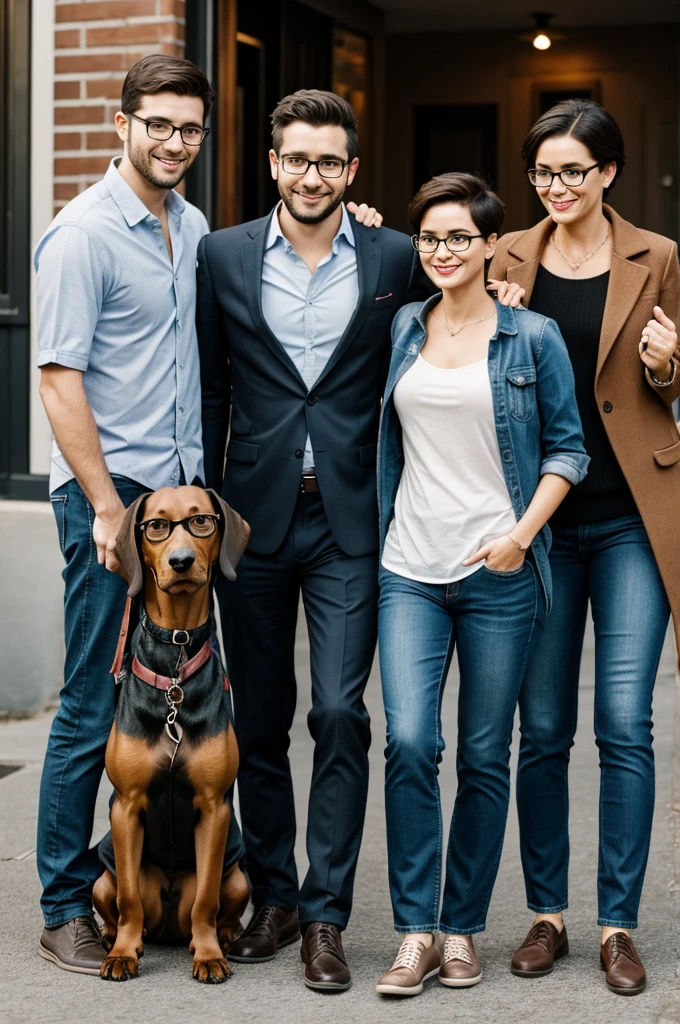 couple, woman with glasses and man with short hair and a black dachshund
