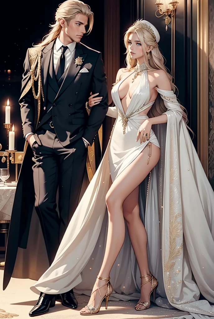 Tall, handsome, statuesque, courageous, adult man - golden-haired blonde, dressed in an expensive branded business suit, long straight platinum hair, blue eyes, long bangs, he hugs an incredibly beautiful young femme fatale blonde, she is dressed in a luxurious thin silk scarlet dress, with open shoulders, thin berets with rhinestones, the dress highlights her perfect figure, long golden hair gathered in a beautiful hairstyle decorated with pearls, beautiful branded jewelry, high-heeled shoes, a clutch bag. They are in love with each other. Full-length image. An expensive restaurant. A romantic setting.