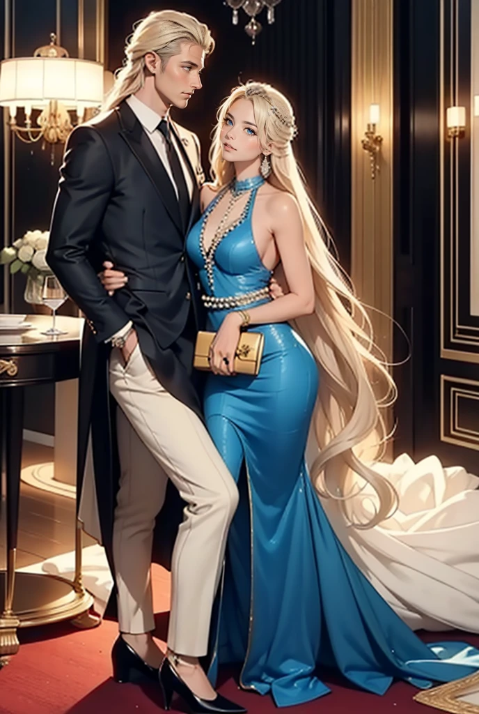 Tall, handsome, statuesque, courageous, adult man - golden-haired blonde, dressed in an expensive branded business suit, long straight platinum hair, blue eyes, long bangs, he hugs an incredibly beautiful young femme fatale blonde, she is dressed in a luxurious thin silk scarlet dress, with open shoulders, thin berets with rhinestones, the dress highlights her perfect figure, long golden hair gathered in a beautiful hairstyle decorated with pearls, beautiful branded jewelry, high-heeled shoes, a clutch bag. They are in love with each other. Full-length image. An expensive restaurant. A romantic setting.