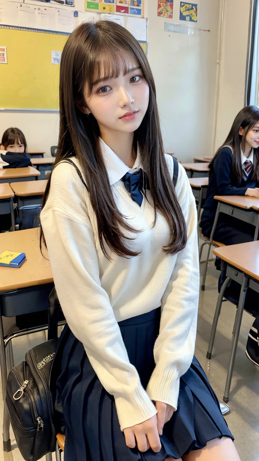 ((masterpiece, Highest quality)),Best aesthetics,One girl, , machine, Sitting, school machine, Black hair straight, classroom, Long Hair, indoor, Chair, View your viewers, :p, Focus Only, Brown eyes, skirt, Long sleeve, pencil, 1 boy, pencil case, paper, Seraph of the Black, Multiple Girls, pleated skirt, Sailor collar, bangs, Headrest, school bag, school Chair,smile,(pussy:1.4)