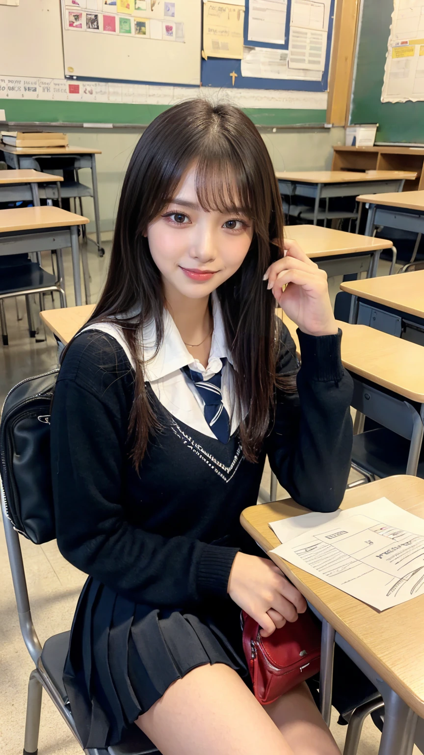 ((masterpiece, Highest quality)),Best aesthetics,One girl, , machine, Sitting, school machine, Black hair straight, classroom, Long Hair, indoor, Chair, View your viewers, :p, Focus Only, Brown eyes, skirt, Long sleeve, pencil, 1 boy, pencil case, paper, Seraph of the Black, Multiple Girls, pleated skirt, Sailor collar, bangs, Headrest, school bag, school Chair,smile,(pussy:1.4)