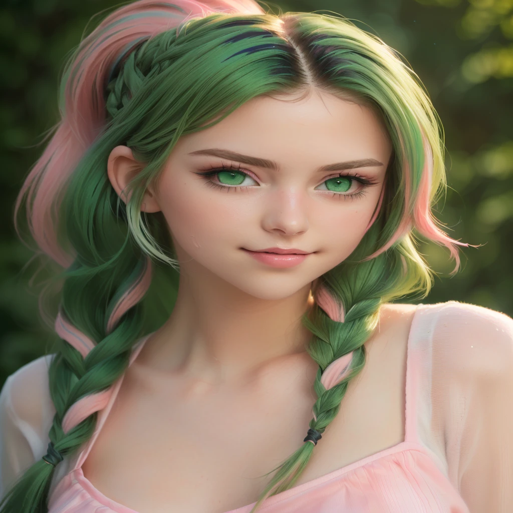 (Best quality, 8k, 32k, raw photo, Photorealistic, Photoreal, UHD:1.2), lifelike rendering, 1 young cute girl, (streaked Green and pink hair:1.4), very long hair, Dynamic hairslyte, (braids, ponytail) (green eyes:1.4), realistic portrait, (random pose), (dynamic angle)