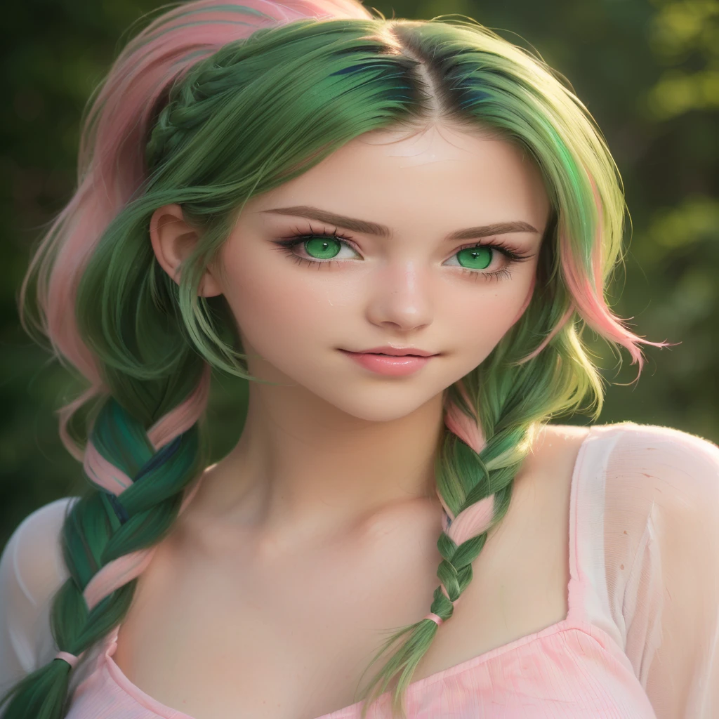 (Best quality, 8k, 32k, raw photo, Photorealistic, Photoreal, UHD:1.2), lifelike rendering, 1 young cute girl, (streaked Green and pink hair:1.4), very long hair, Dynamic hairslyte, (braids, ponytail) (green eyes:1.4), realistic portrait, (random pose), (dynamic angle)