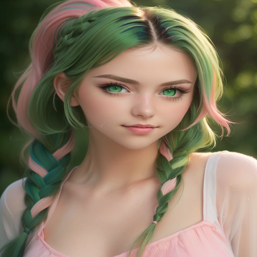 (Best quality, 8k, 32k, raw photo, Photorealistic, Photoreal, UHD:1.2), lifelike rendering, 1 young cute girl, (streaked Green and pink hair:1.4), very long hair, Dynamic hairslyte, (braids, ponytail) (green eyes:1.4), realistic portrait, (random pose), (dynamic angle)