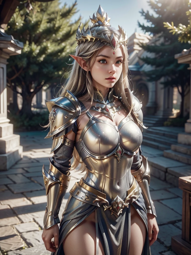 Realistic image cinematic shadows. in the courtyard. of the kingdom. There is Elven Woman Queen, with Crown, Illuminated Face, Hips, Toned, Large Round Breasts, ((spruce neckline in a silver armor, gold ornaments)) reflecting the sunlight.