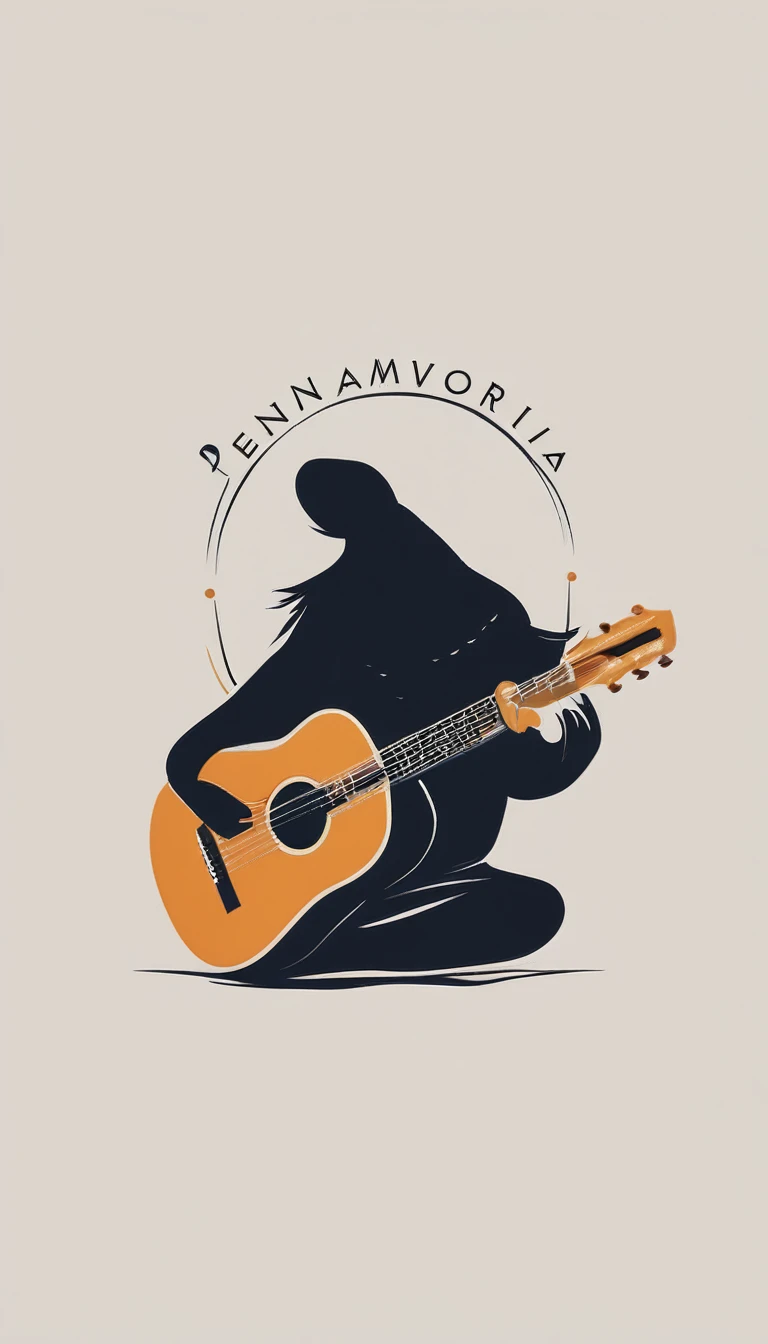 A minimal, modern, simple, cinematic logo design for the storyteller brand “Penamemoria". Create a modern, minimalistic, high-quality, logo of a feather-boy playing acoustic guitar. Make the logo fantastic, unique, modern, simple, minimalistic, dreamy, memorable, nosthalgic, storyteller.