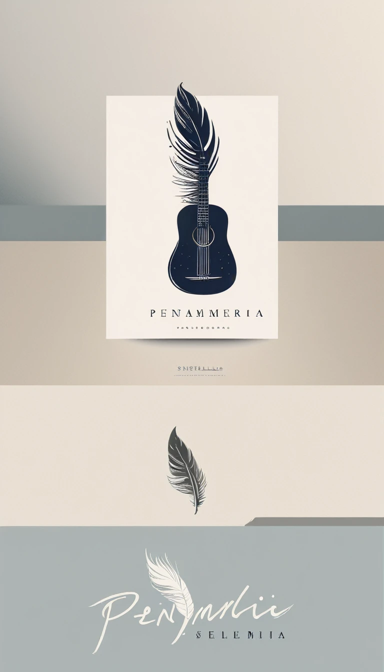 A minimal, modern, simple, cinematic logo design for the storyteller brand “Penamemoria". Create a modern, minimalistic, high-quality, logo of a feather-boy playing acoustic guitar. Make the logo fantastic, unique, modern, simple, minimalistic, dreamy, memorable, nosthalgic, storyteller.