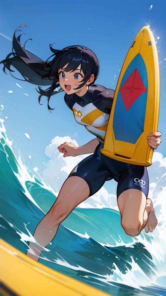 Competing in surfing at the Olympics。