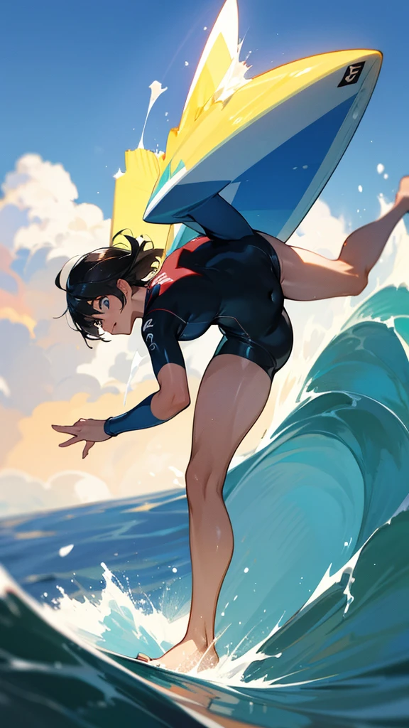 Competing in surfing at the Olympics。