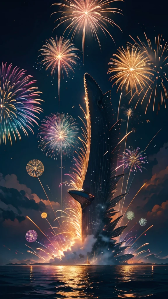 fish、whale、Whales、whaleたちに囲まれて、Mysterious Landscape、firework、firework大会、Rainbow colorsのfireworkが打ちあがっている瞬間、夜nullとともに、幻想的な海景色で壮大なfirework、future都市、Highest quality、masterpiece, (Diffuse reflection of light:1.2), When the fantastic rainbow turns into shadow, bathed in a mystical atmosphere.whaleたちも見ています, Cast magic spells. evoke a sense of wonder and awe. A fusion of natural grandeur and magic, Weaving dreams into reality. Behold, null, And the unknown, Fleeting、And an eternal moment, 16K, Ultra-high resolution.Realistic, Ultra-high resolution, to be born,future、Rainbow colorsに光り輝く、Rainbow colors、The world 30 years from now。